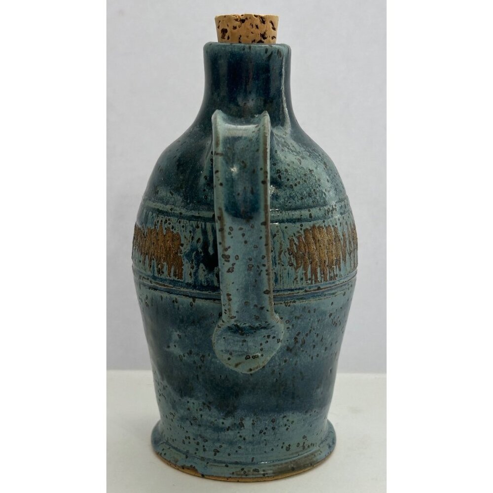 Hand Thrown Pottery  Jug Speckled Blue & Brown Glazed Ceramic Pitcher Cork Lid - Picture 7 of 7